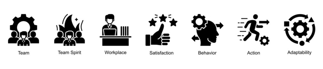 Team and workplace culture web banner icon vector illustration for organizational harmony with team spirit, behaviour, action, workplace, satisfaction, and adaptability icons.