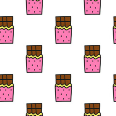 Cute seamless pattern with doodle unwrapped chocolate bars on white background.