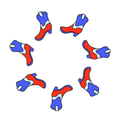 Cute round frame with doodle cowboy boots isolated on white background.