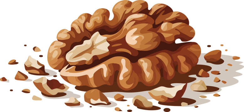 Detailed close-up of a whole walnut and scattered shell pieces on a light brown surface vector illustration