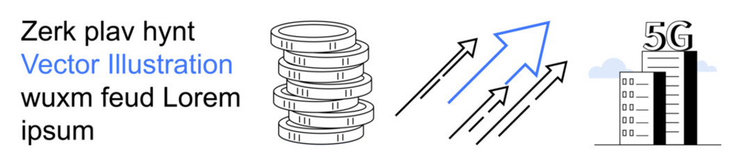 Business growth, economic analysis, technology evolution, 5G communication, market trends, innovation. Stacked coins, upward arrows and a 5G signal tower. Economic analysis and market trends
