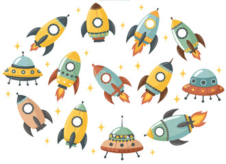 Cute Cartoon Space Rockets and UFOs Vector Collection in a Circular Layout with Stars, Ideal for Kids' Birthday Party Decorations