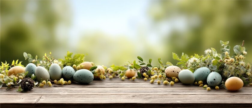 Colorful easter eggs and bunny ears arranged on a wooden table in a garden with flowers, perfect for spring decoration display or creative design concepts - Powered by Adobe