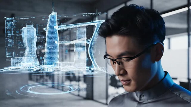 Asian man interacting with holographic building model in modern office. Architect using augmented reality for digital design. Futuristic architecture and innovative technology concept.