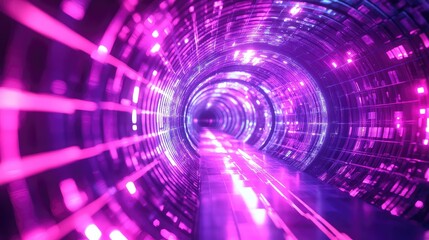 Digital data flowing through a futuristic geometric tunnel. Creating an abstract and vibrant visual representation of technology. Internet connectivity. And a modern journey through the digital world