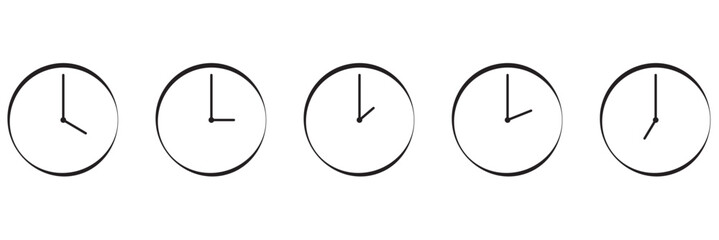 Set of round clocks faces, stopwatch with different time. Clock hands icons.Time simple graphic circle sign, symbol. Watch face illustration. Noon, morning, evening time watch patterns. Hour icon
