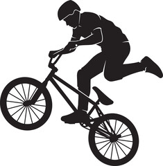 Fototapeta premium Dynamic black silhouette of a BMX rider performing a jump or trick, capturing the essence of action sports, extreme cycling, urban culture, and freestyle biking. Perfect vector graphic for apparel.