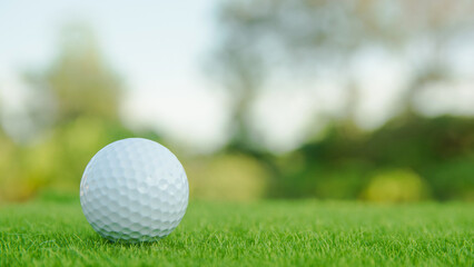 Close up golf ball on grassy fairway.
