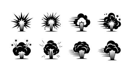 A collection of eight black and white illustrations depicting various explosion effects with motion lines and dynamic bursts on a plain white background for graphic design use.