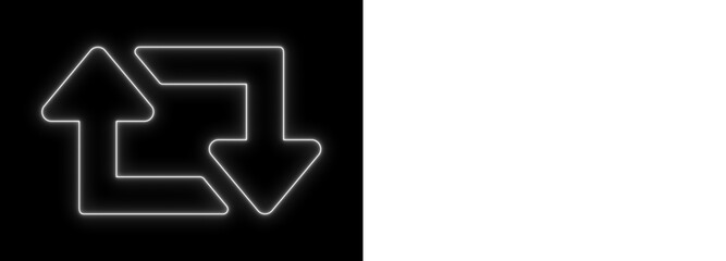 White neon upload and download arrows glowing on black and transparent backgrounds, bright data transfer outline icon for technology and UI design