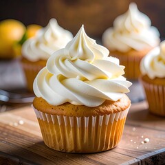 Close-up of cupcakes with swirled frosting on wooden board