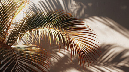 Sunlit palm fronds casting intricate shadows on a textured wall, evoking a sense of tranquility. The play of light and shadow, the warm color palette
