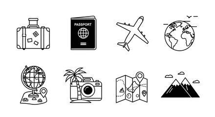 Travel icons set including luggage, passport, airplane, globe, camera, and map on white background