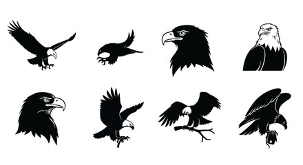 Collection of various eagle silhouettes in different poses on white background, showcasing birds of prey in flight and perched.