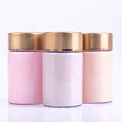 Three small, pastel-colored containers with gold lids sit against white