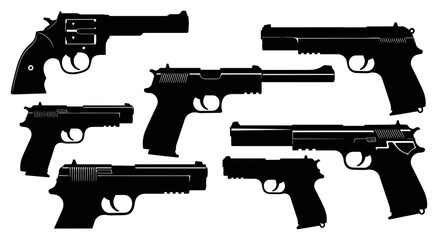 Six black handguns arranged in two rows on white background, showcasing various pistol designs and silhouettes.