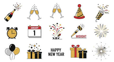 New Year's Eve celebration icons with champagne, party hats, fireworks, gifts, and clock striking midnight on white background
