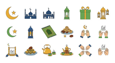 eid al fitr celebration flat design icons set with mosque, crescent moon, lantern, gift, food, prayer, and wishes, golden and green color scheme
