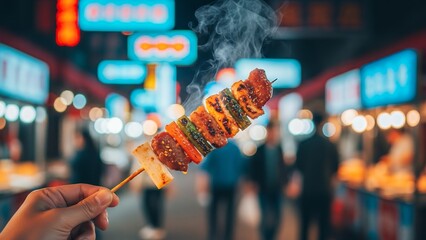 A steaming skewer of grilled street food, held by a hand, glows against the vibrant, blurred lights of a bustling night market at dusk