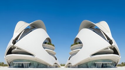 Sleek Modern Architecture with Unique Futuristic Design Reflected in Water Under a Clear Blue Sky