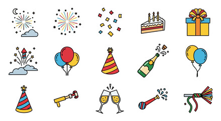 A colorful collection of birthday party icons including balloons, cake, champagne, and confetti on a white background with a celebratory theme in a digital illustration style with bright colors.