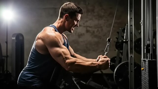 Muscular Man Engaged in Intense Triceps Workout at a Modern Gym.
