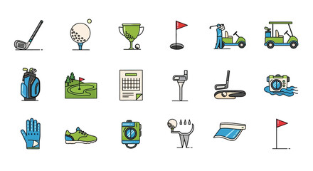 A collection of golf icons on a white background including golf balls, clubs, and other equipment for sports and leisure activities.