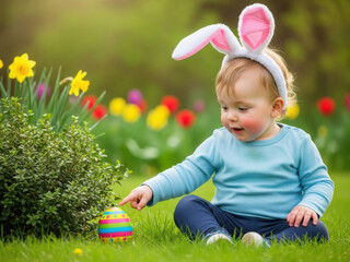 Adorable baby wearing bunny ears points to a colorful Easter egg in a spring garden