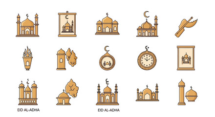 Eid al-Adha icons set with various mosque and symbol illustrations in gold color on white background for muslim holiday
