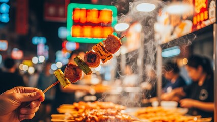 Experience the Vibrant Culinary Journey Hand-Held Grilled Skewer at a Bustling Urban Night Market Filled with Delicious Aroma