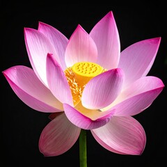 Close-up of a vibrant pink lotus flower, with yellow center, against black