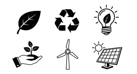 Eco friendly icons set including leaf, recycling symbol, light bulb, hand holding plant, wind turbine and solar panel on white background for sustainable energy and environmental conservation concept