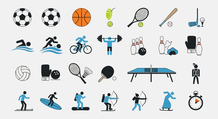 A collection of various sports icons in black, blue, and white on a white background, featuring activities like soccer, basketball, tennis, and cycling, with a minimalist flat design style.