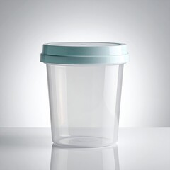Cylindrical, clear plastic container with light blue lid. Studio shot