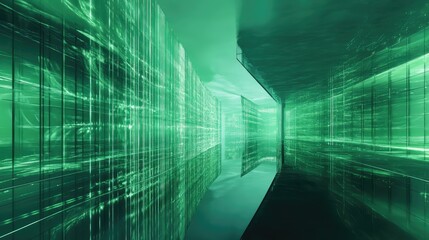 Futuristic glowing data tunnel of green wires and reflective surfaces, evoking ai, networks and high speed information flow through a virtual cyberspace corridor