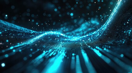 Digital particles form a glowing abstract wave stream, visualizing data flow, network connectivity and futuristic computing in a dark, high tech environment for analytics and ai