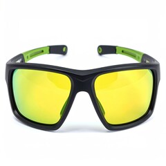 Sporty sunglasses with black frames, yellow lenses, and green accents