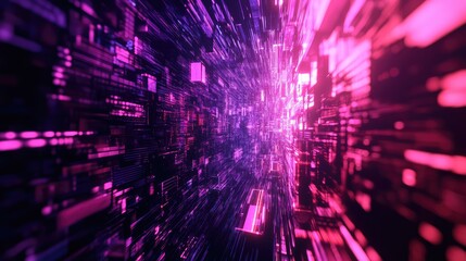 Digital data stream flowing through an immersive abstract cyberspace tunnel with glowing neon pink and purple lines, illustrating concepts of technology, networking, and information processing