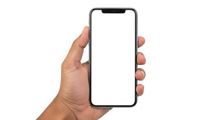 Hand holding smartphone isolated on transparent background