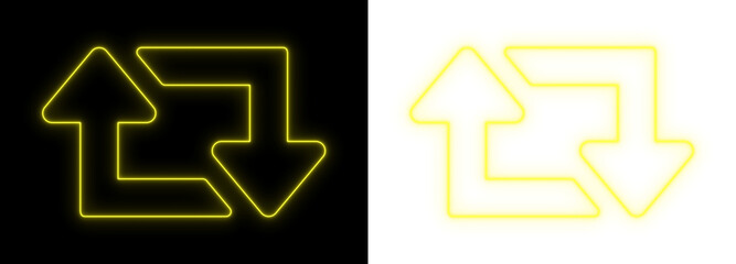 Yellow neon upload and download arrows glowing on black and transparent backgrounds, bright data transfer outline icon for technology and UI design