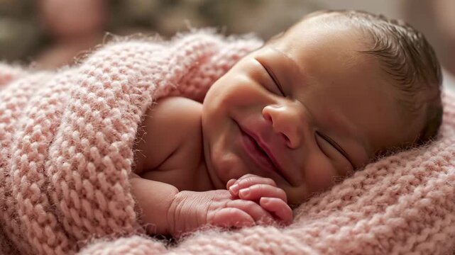 A cute newborn baby smiling in her sleep. Close-up of a happy infant swaddled in a pink knitted blanket. The innocence and joy of new life
