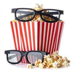 Red-striped popcorn bucket filled with popcorn and 3D glasses, white bg