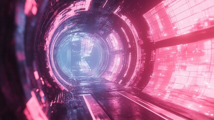 Futuristic glowing tunnel of neon pink and blue data streams, depicting high speed digital network progression, cyberspace corridor linking virtual systems and metaverse realms