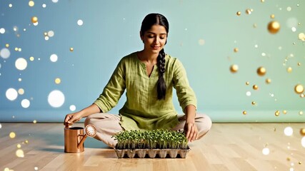Serene Woman Gardening Indoors with Watering Can and Green Plants Tranquil Nature Scene