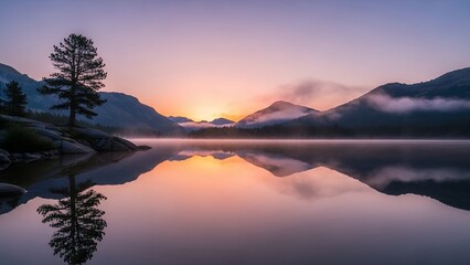 Serene Mountain Lake at Sunrise with Mist and Reflections of Trees and Peaks