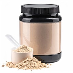 Tan protein powder container with a scoop, powder spill, white background