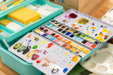 Watercolor paint set with palettes for creative art class