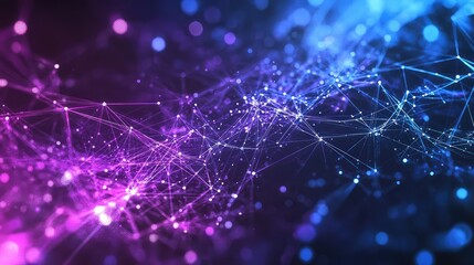 Abstract visualizing interconnected nodes and lines representing a global network, data flow, or blockchain technology with a vibrant gradient of blue and purple light on a dark background