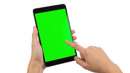 Hand holding smartphone with green screen isolated on transparent background