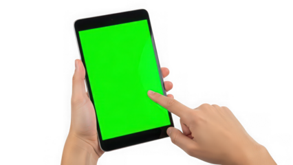 Hand holding smartphone with green screen isolated on transparent background